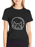 Astronaut Cat Graphic Tee - Black Cotton Casual Shirt