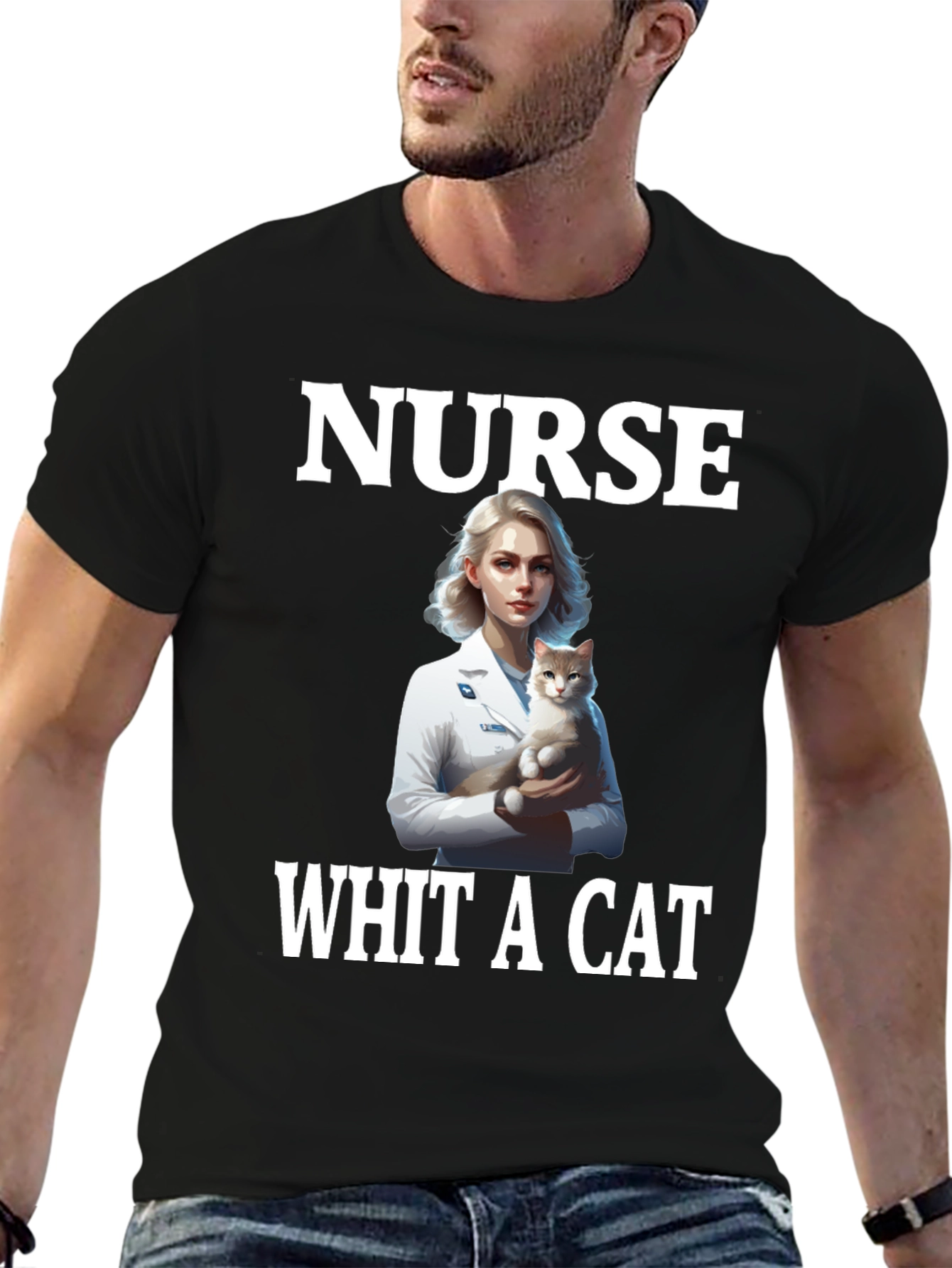 Nurse With a Cat T-Shirt Black Tee