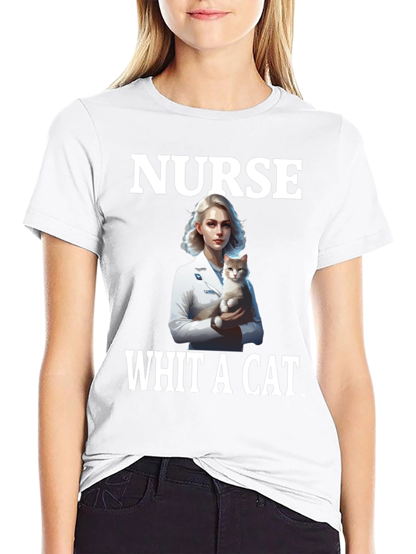 Nurse With a Cat T-Shirt Black Tee
