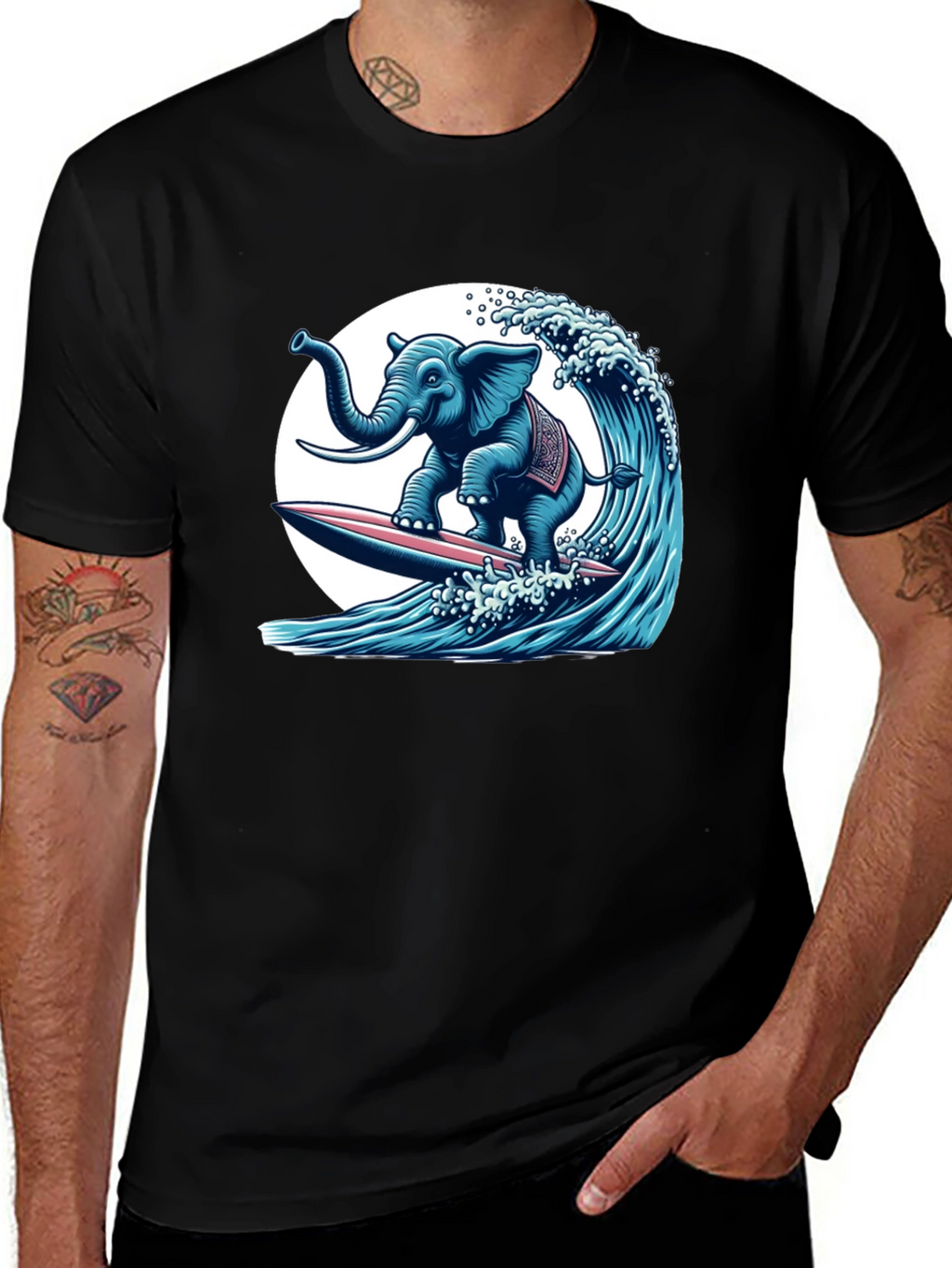 Elephant Surfing Wave Graphic Tee - Cool Design