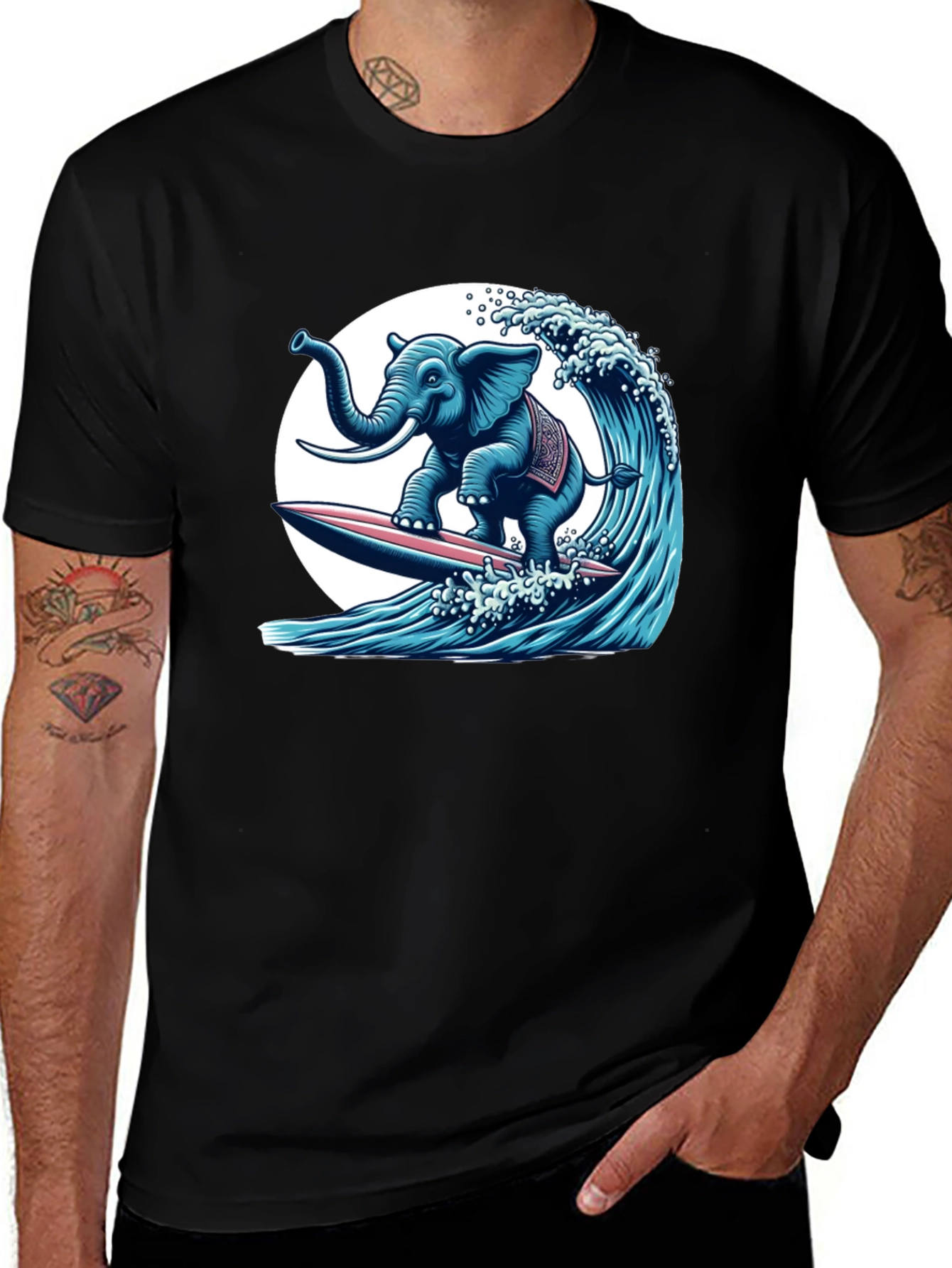 Elephant Surfing Wave Graphic Tee - Cool Design