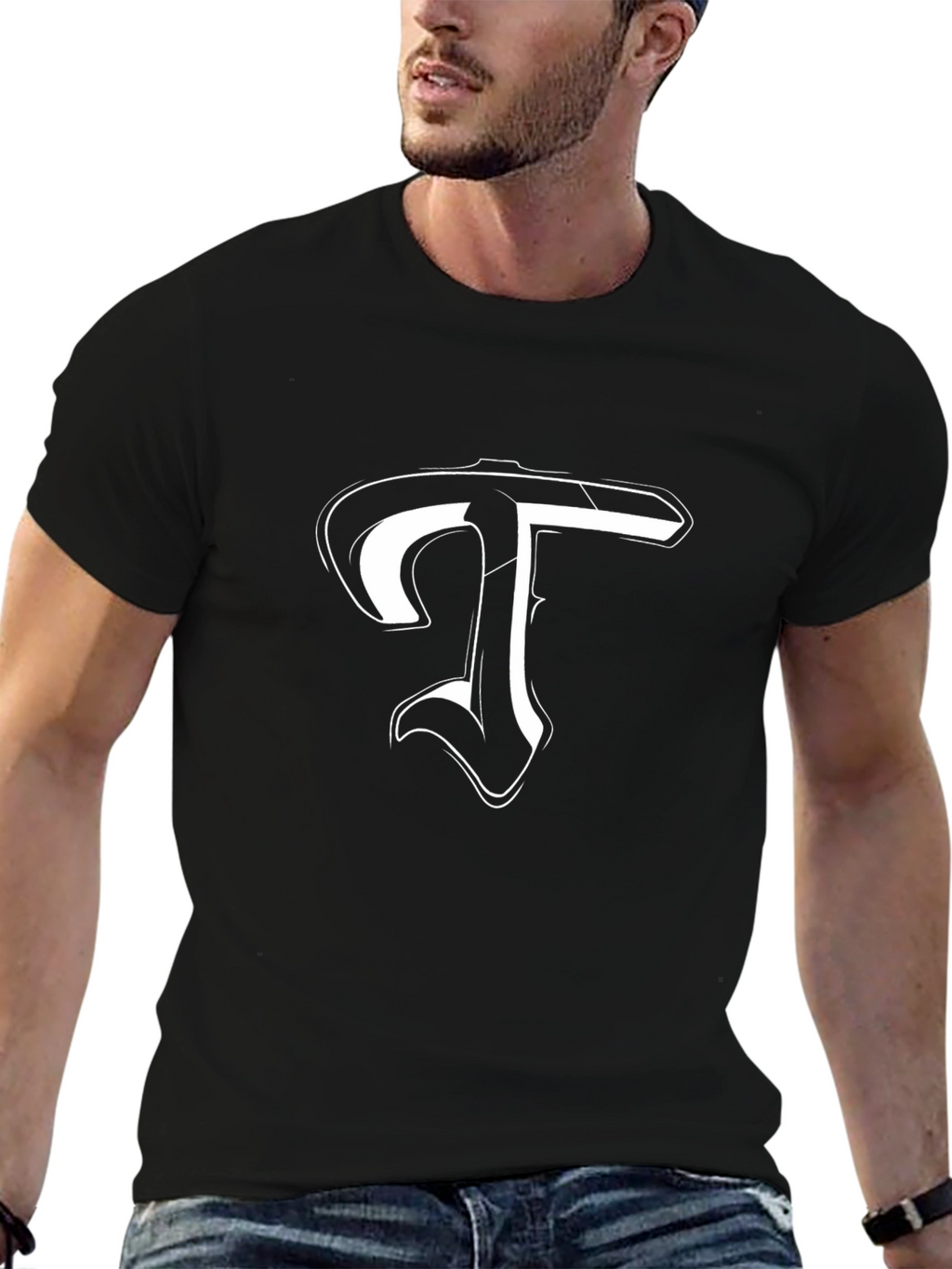 Black T-Shirt with White Letter T Design