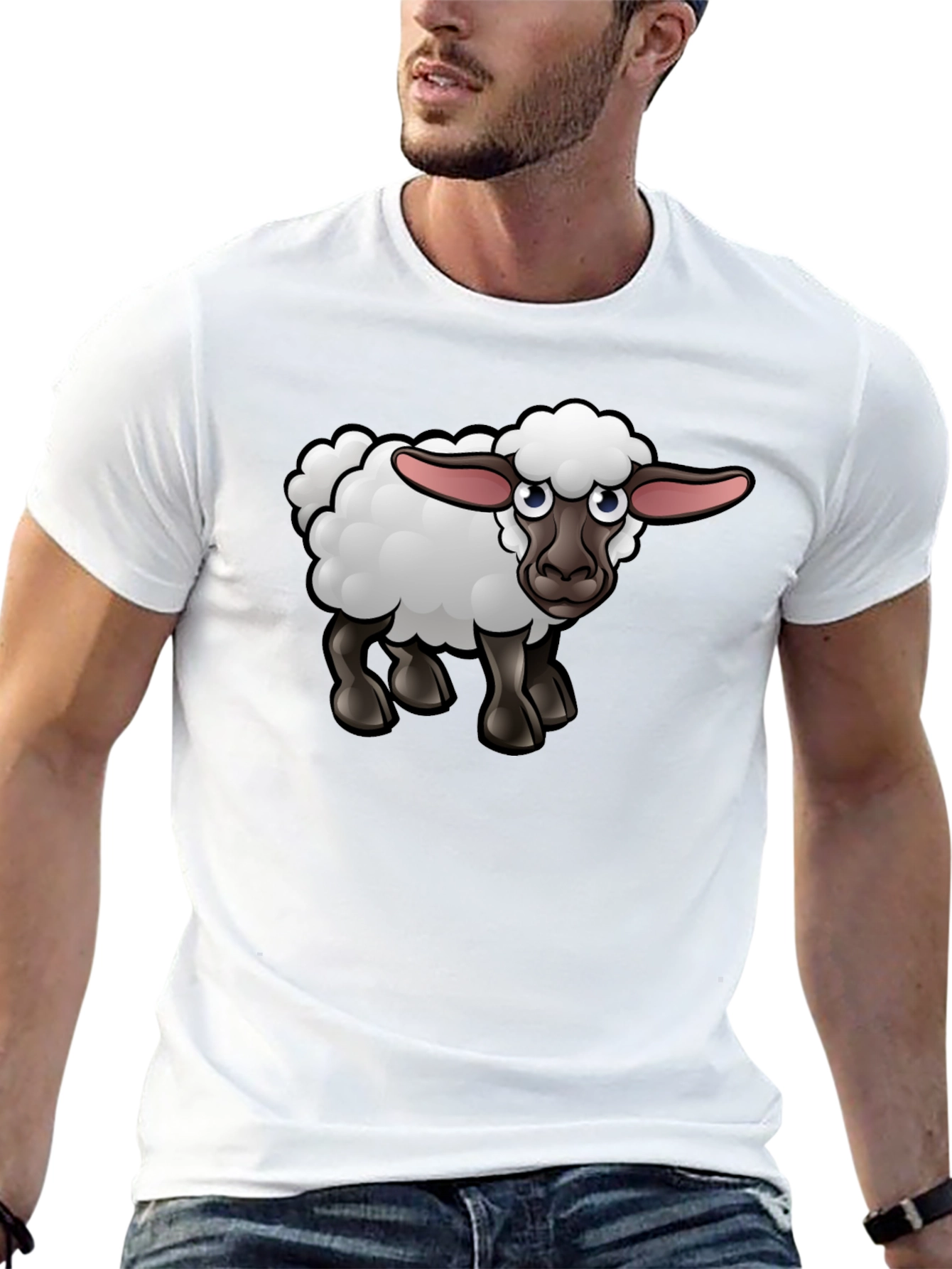 Cartoon Sheep Graphic Tee - Black Cotton Shirt