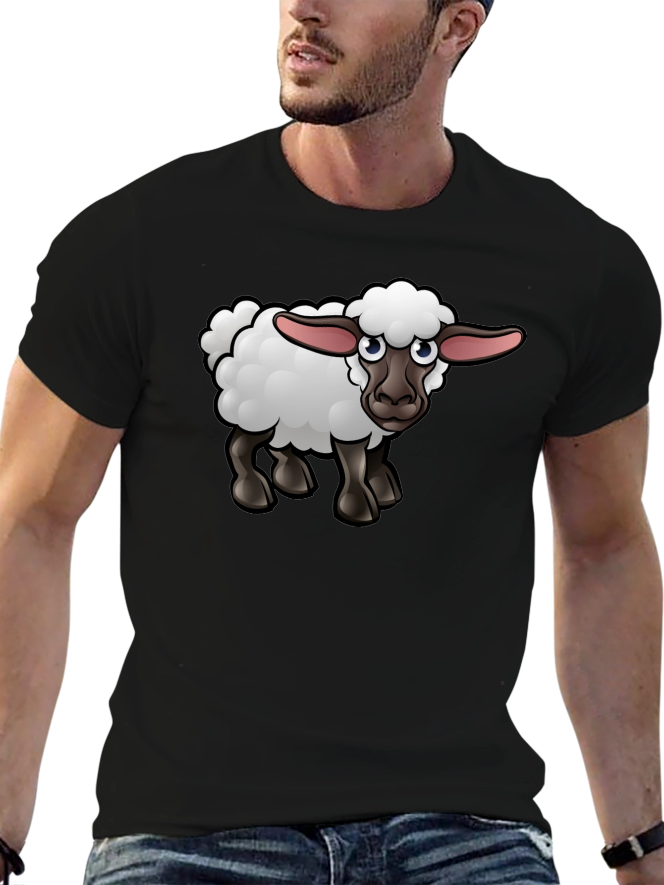 Cartoon Sheep Graphic Tee - Black Cotton Shirt