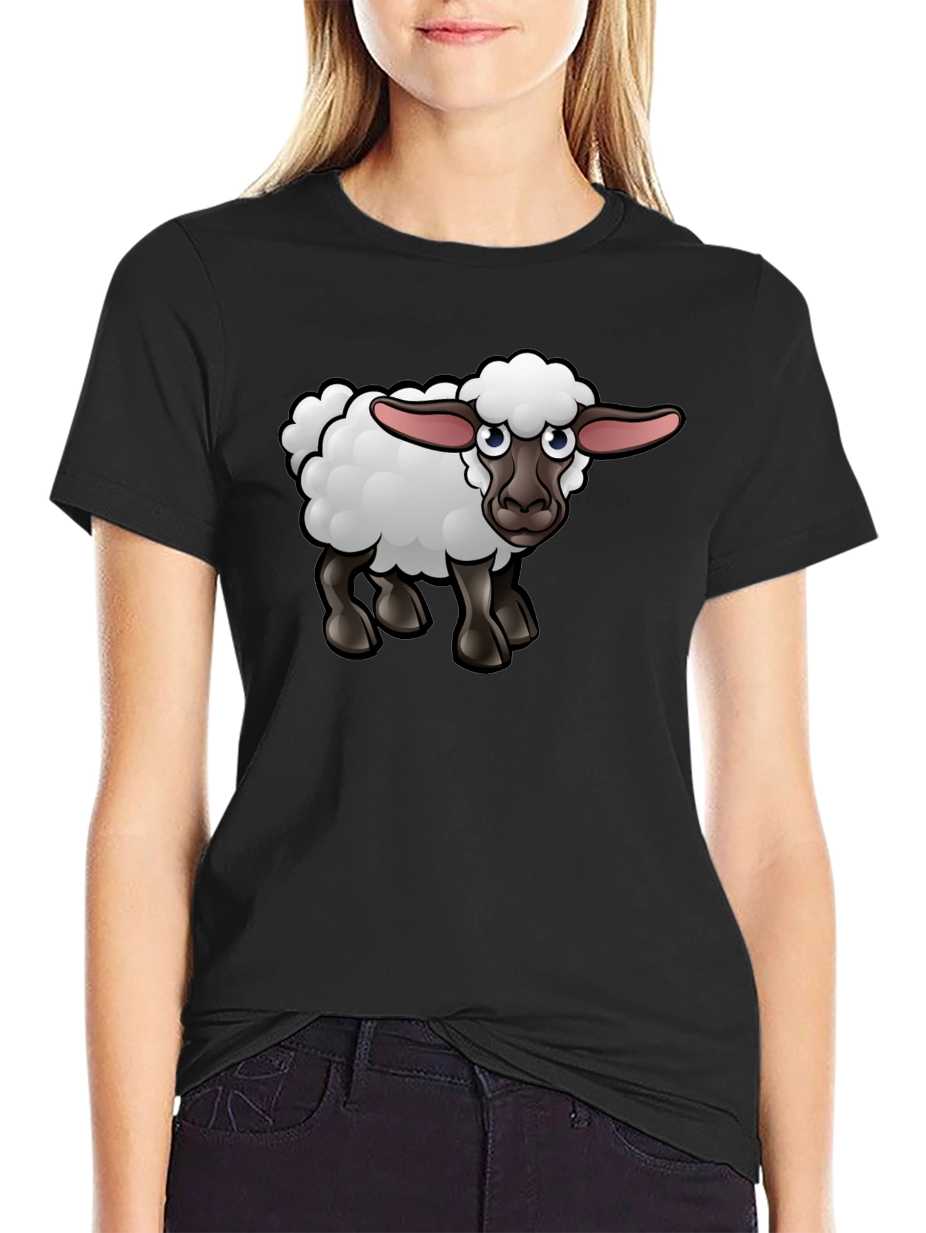 Cartoon Sheep Graphic Tee - Black Cotton Shirt