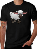 Cartoon Sheep Graphic Tee - Black Cotton Shirt