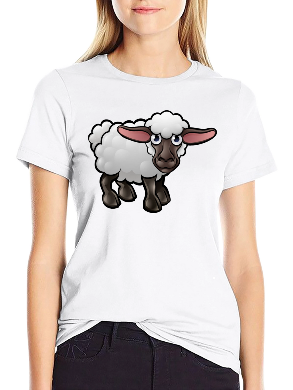 Cartoon Sheep Graphic Tee - Black Cotton Shirt