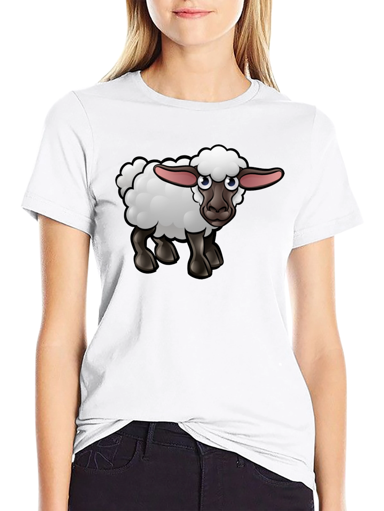 Cartoon Sheep Graphic Tee - Black Cotton Shirt