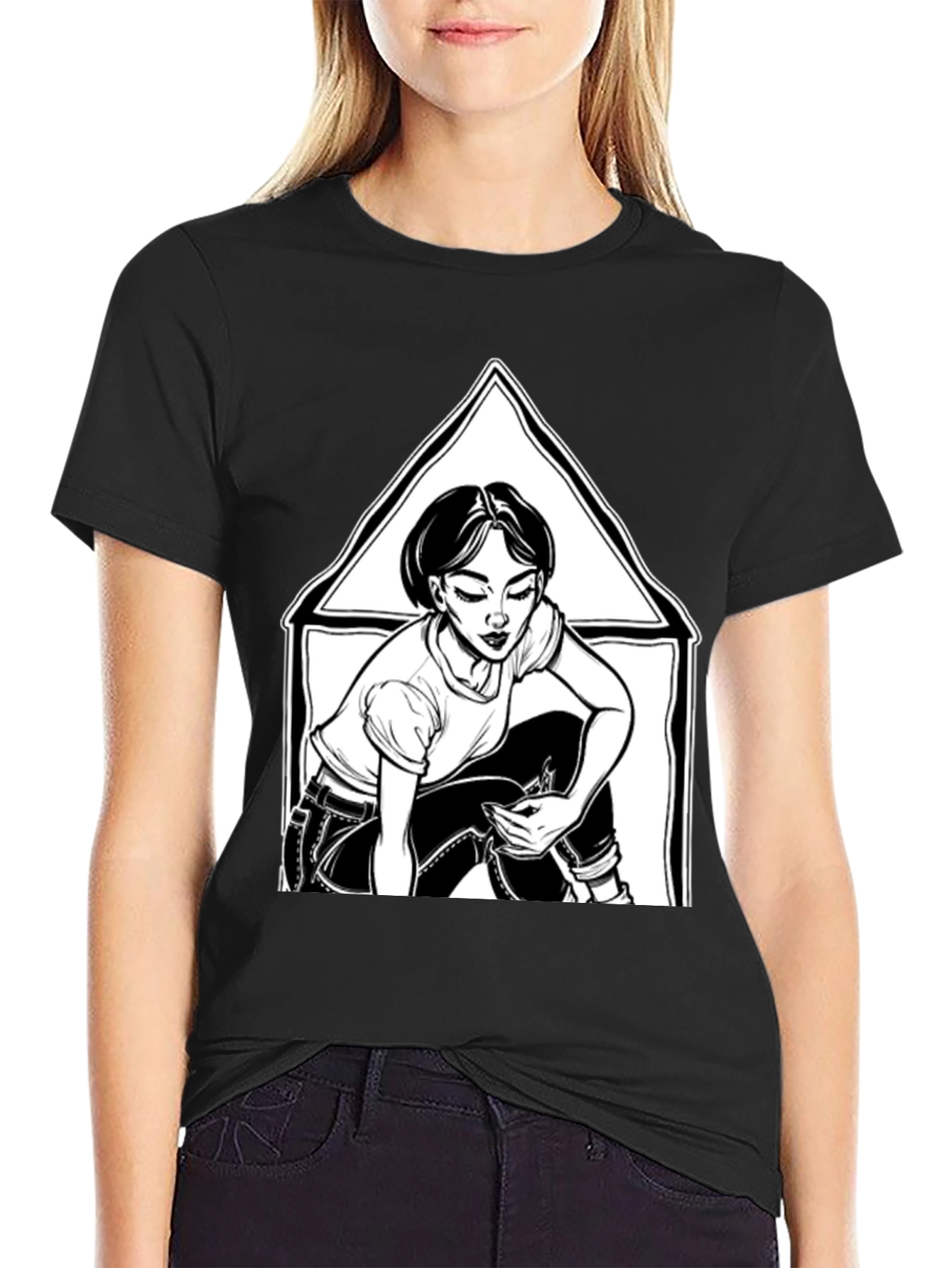 Black Graphic Tee: Woman in Triangle