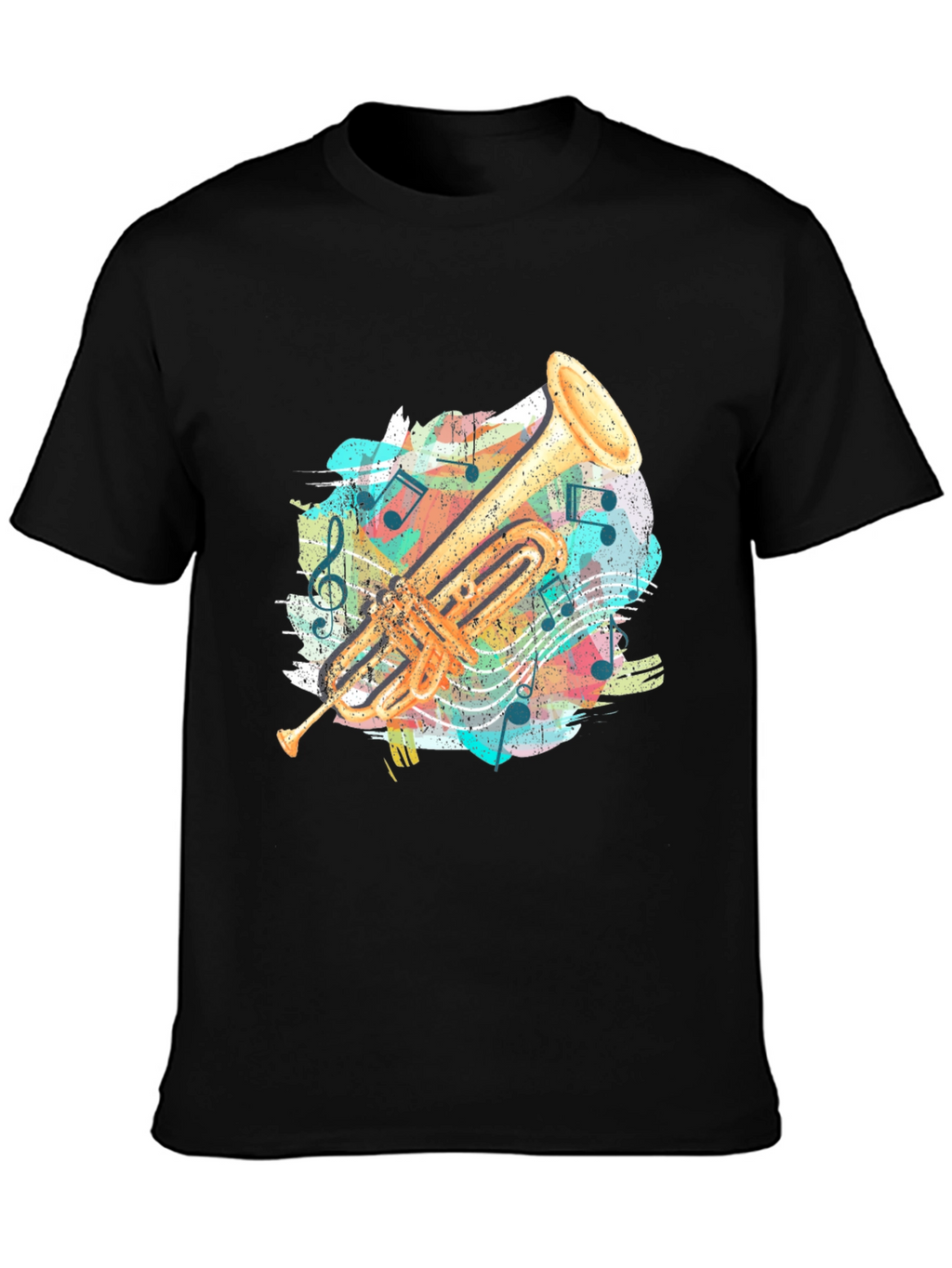Trumpet Music Notes Graphic Tee - Black Cotton Shirt