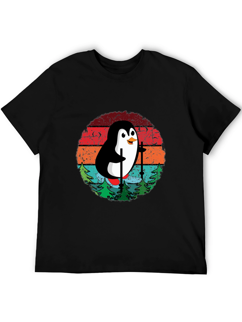 Skiing Penguin T-Shirt - Retro Style Black Tee