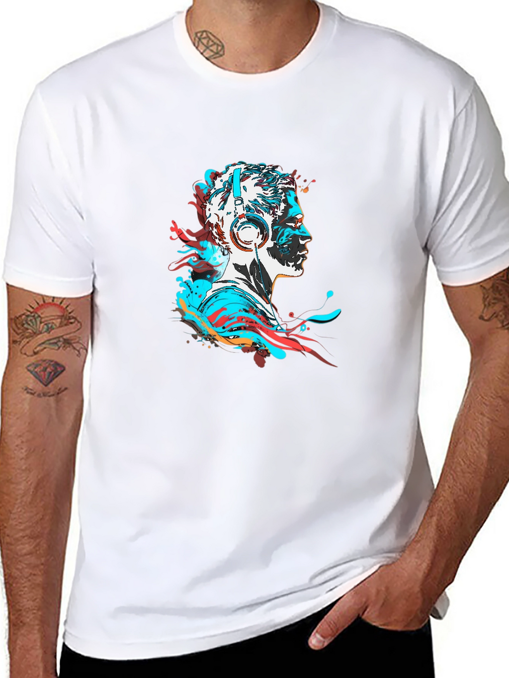 Abstract Man with Headphones Black T-Shirt