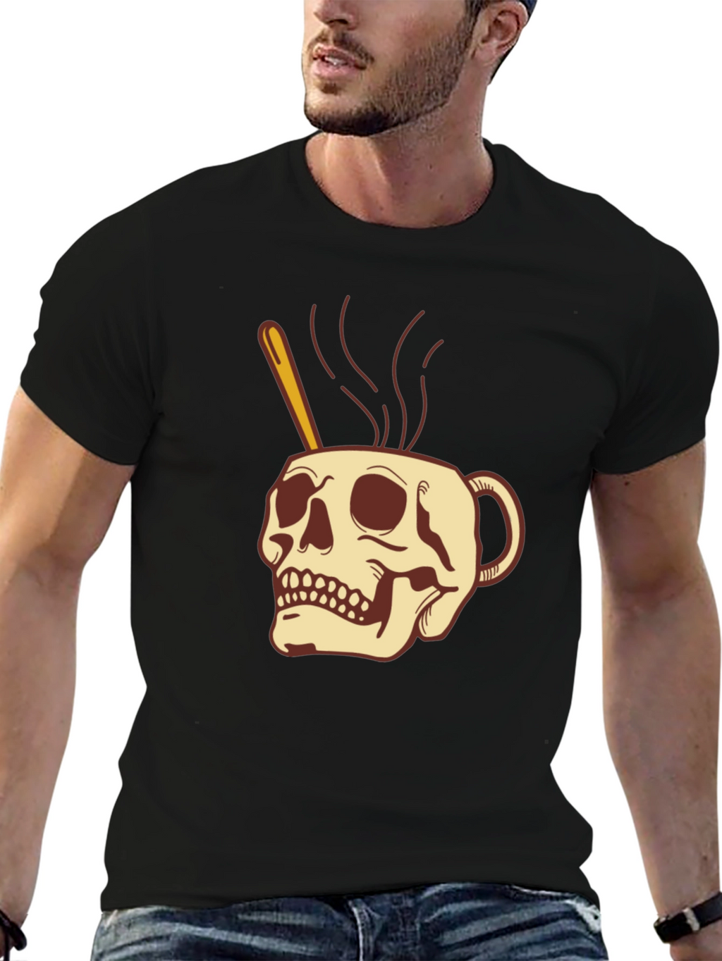 Skull Coffee Cup Graphic Black T-Shirt