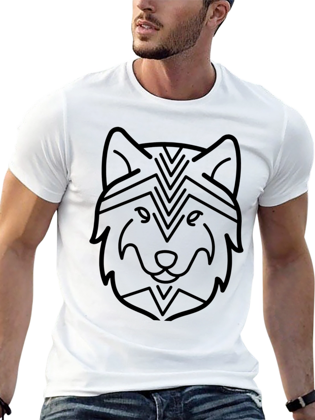 Geometric Wolf Graphic Print Black T-Shirt