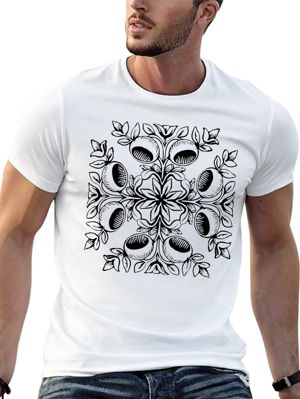 Black Graphic Tee with Acorn Mandala