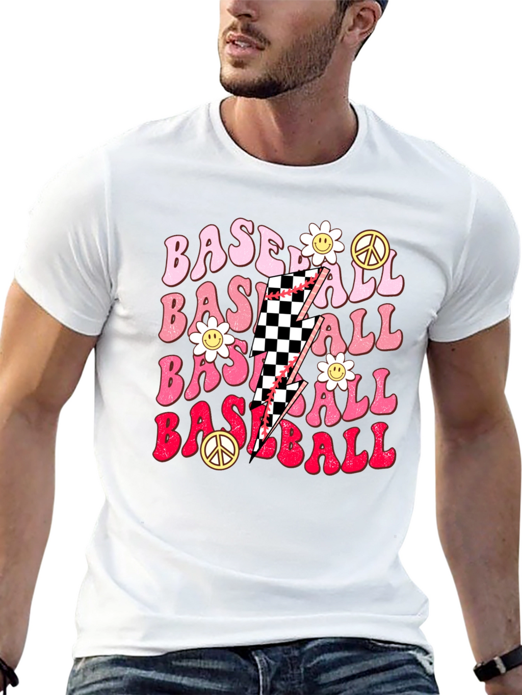 Retro Baseball T-Shirt with Checkerboard Lightning