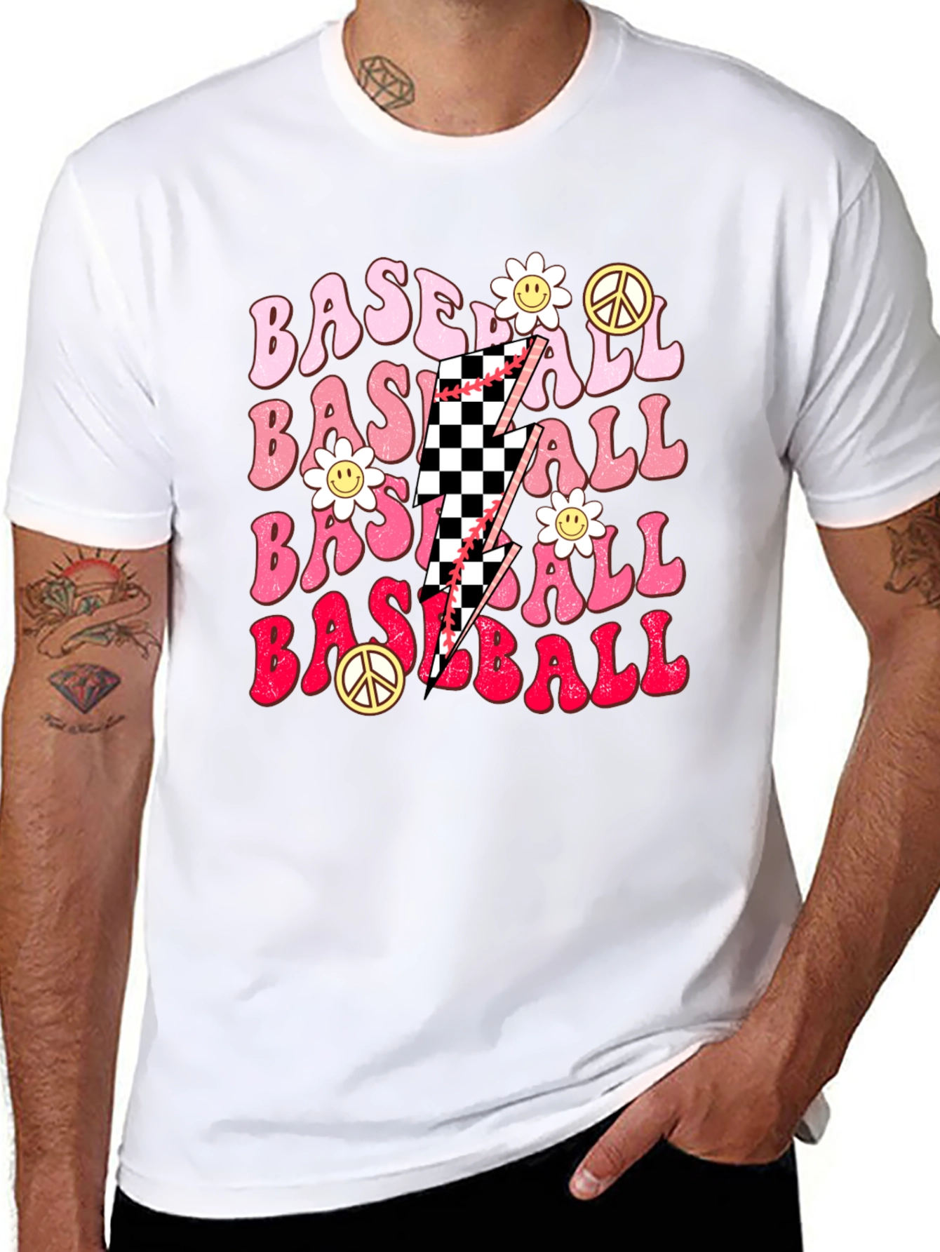 Retro Baseball T-Shirt with Checkerboard Lightning