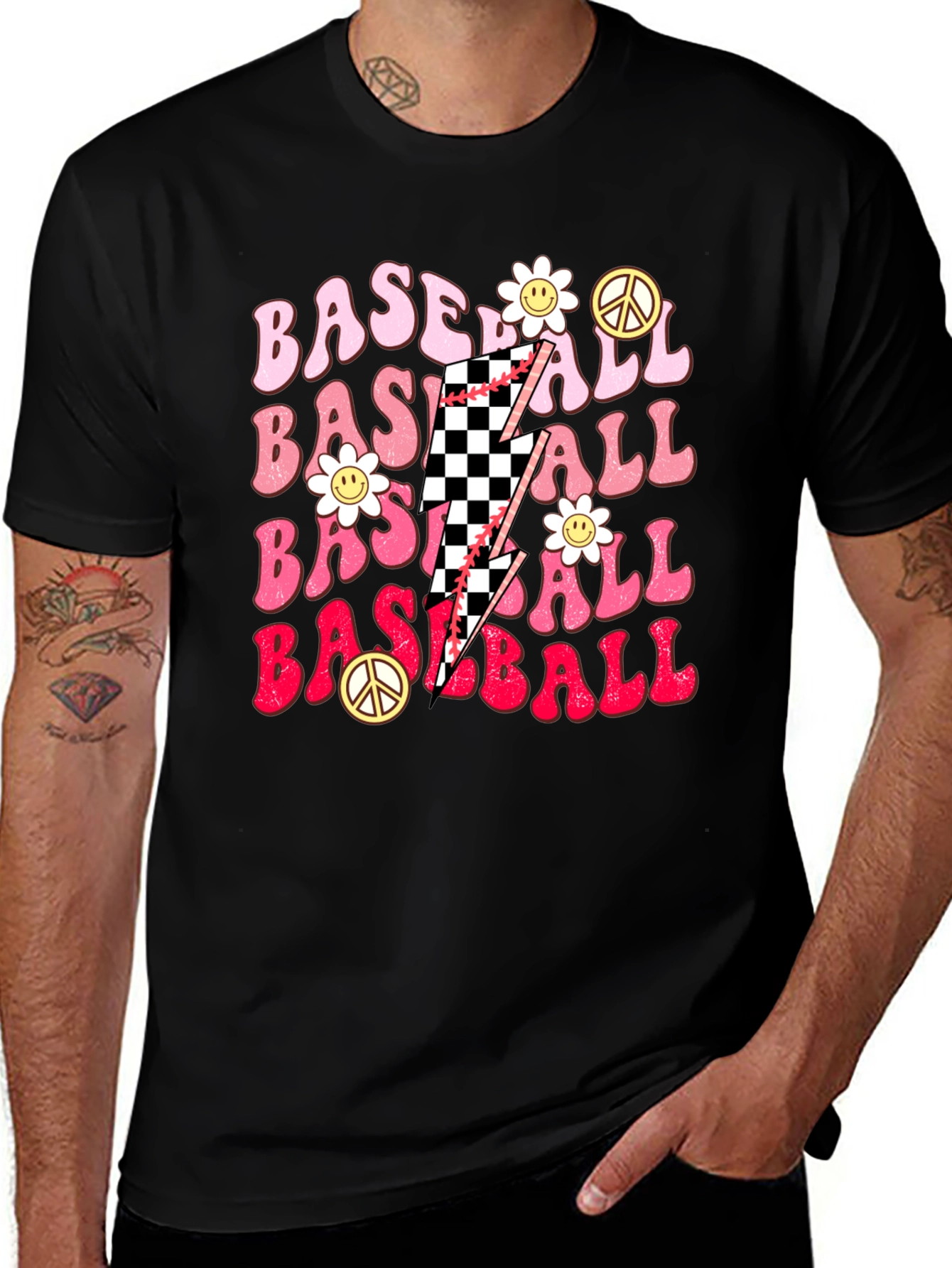Retro Baseball T-Shirt with Checkerboard Lightning