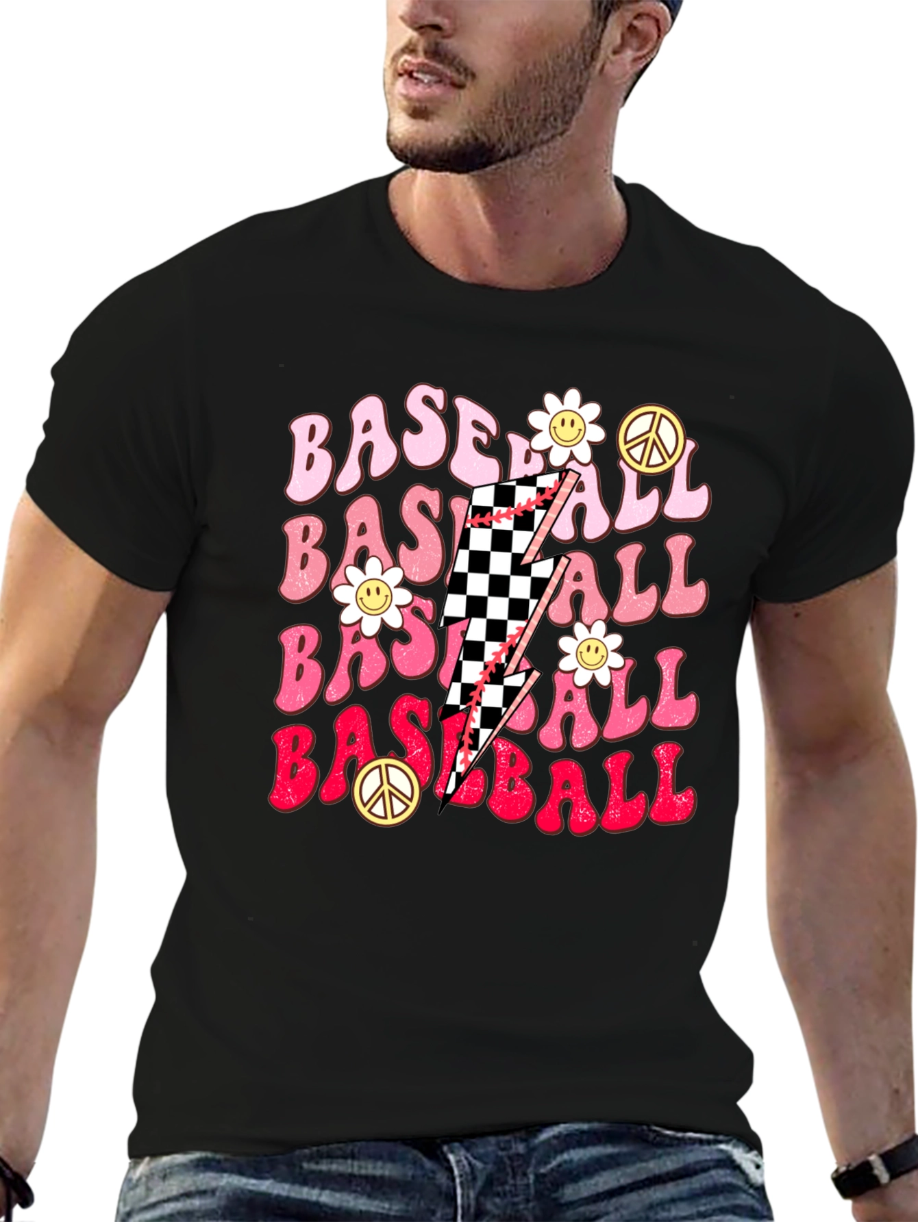 Retro Baseball T-Shirt with Checkerboard Lightning