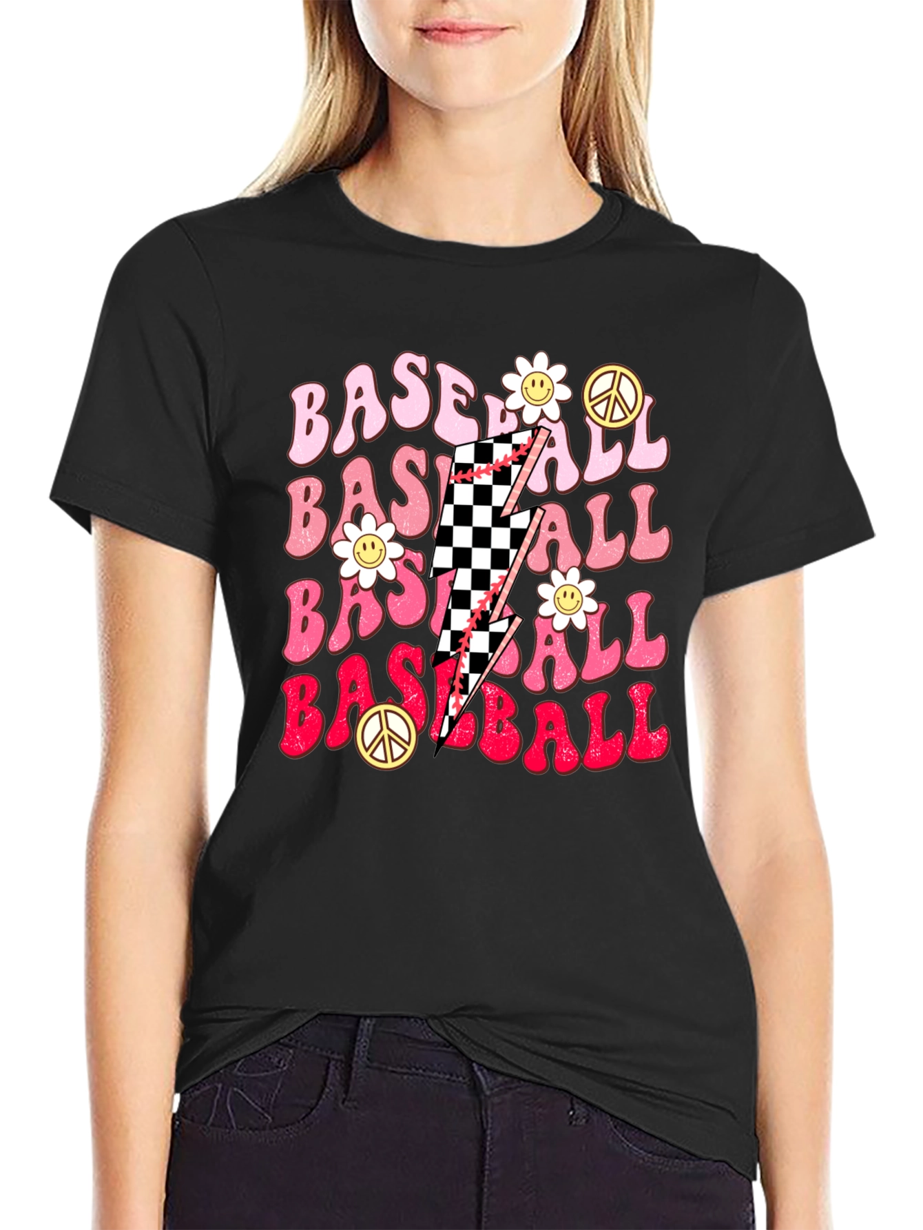 Retro Baseball T-Shirt with Checkerboard Lightning