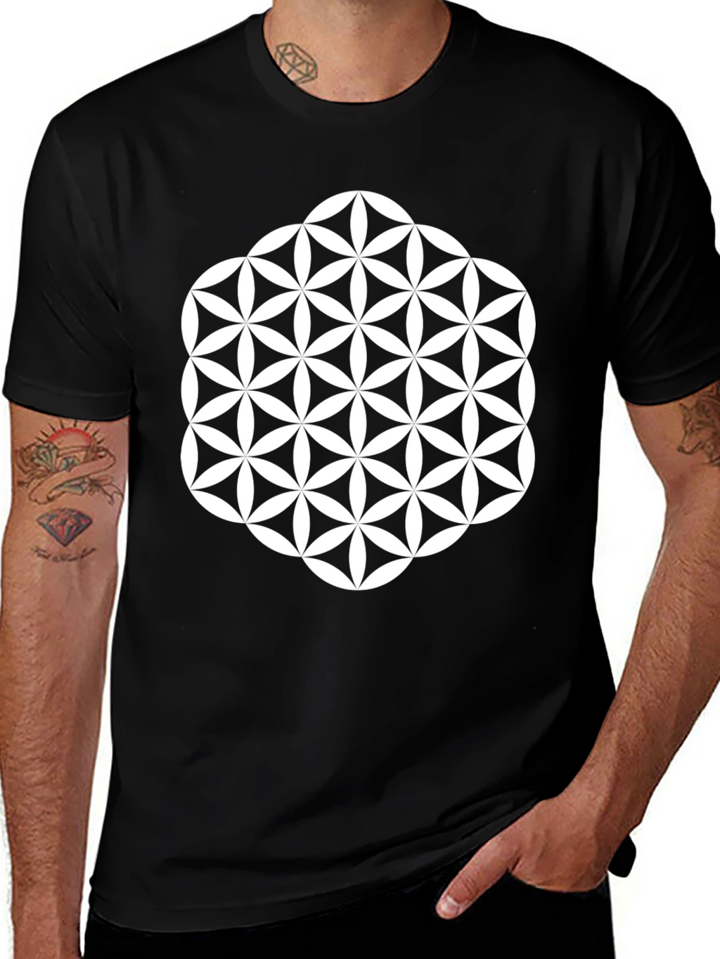 Geometric Flower of Life Graphic Tee - Black