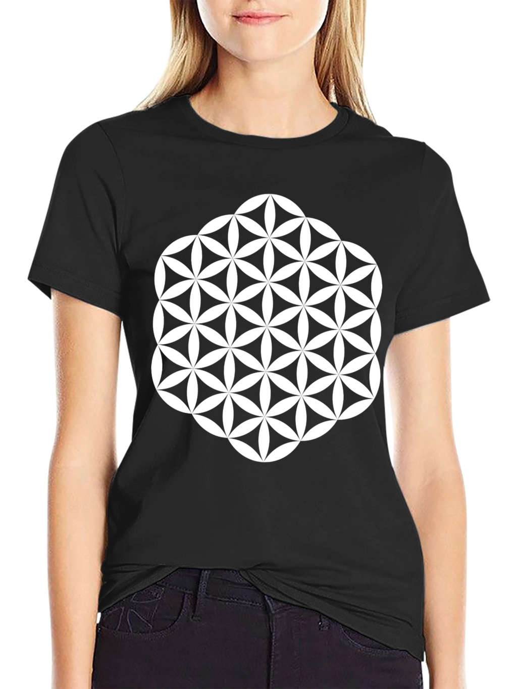Geometric Flower of Life Graphic Tee - Black