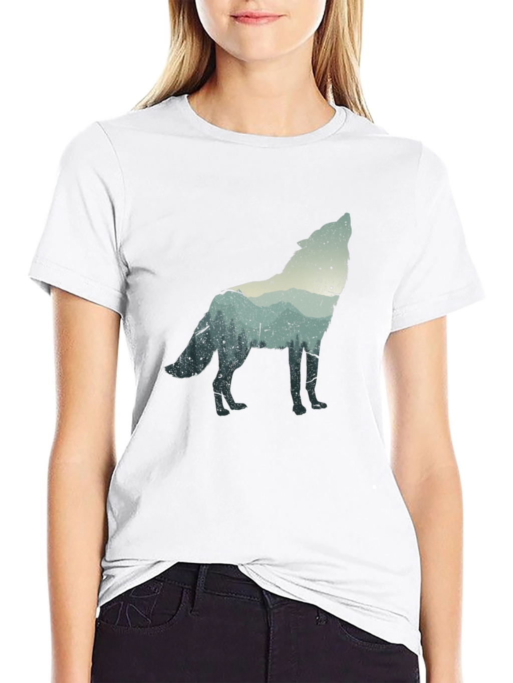 Wolf Silhouette Graphic Tee - Black Crew Neck