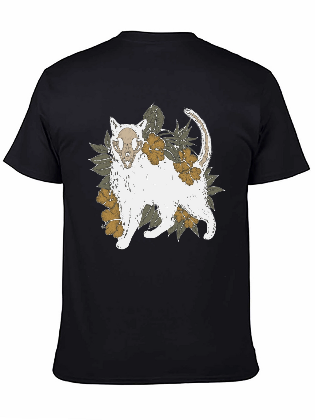 Floral Cat Skull Graphic Tee - Black T-Shirt