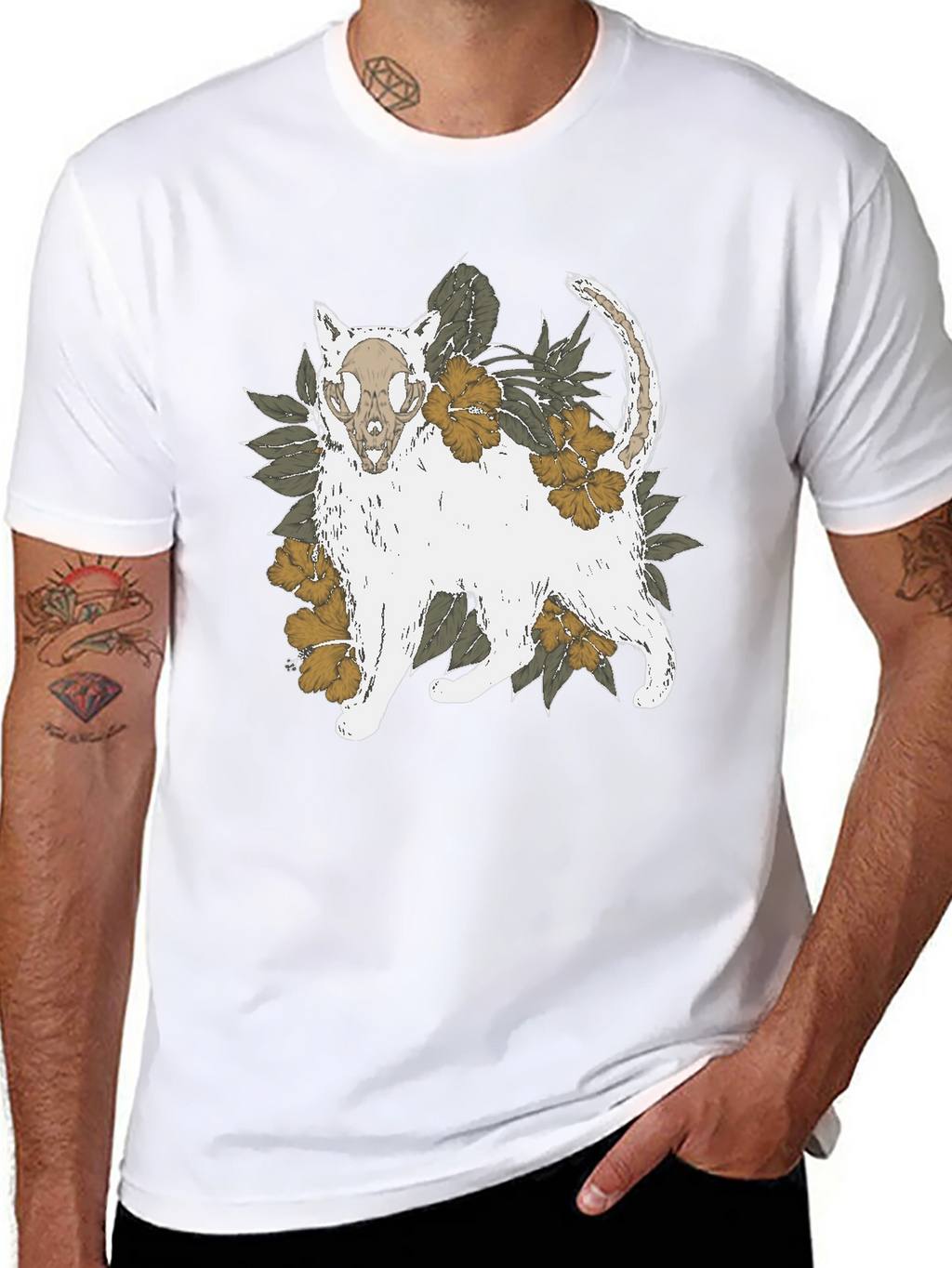 Floral Cat Skull Graphic Tee - Black T-Shirt