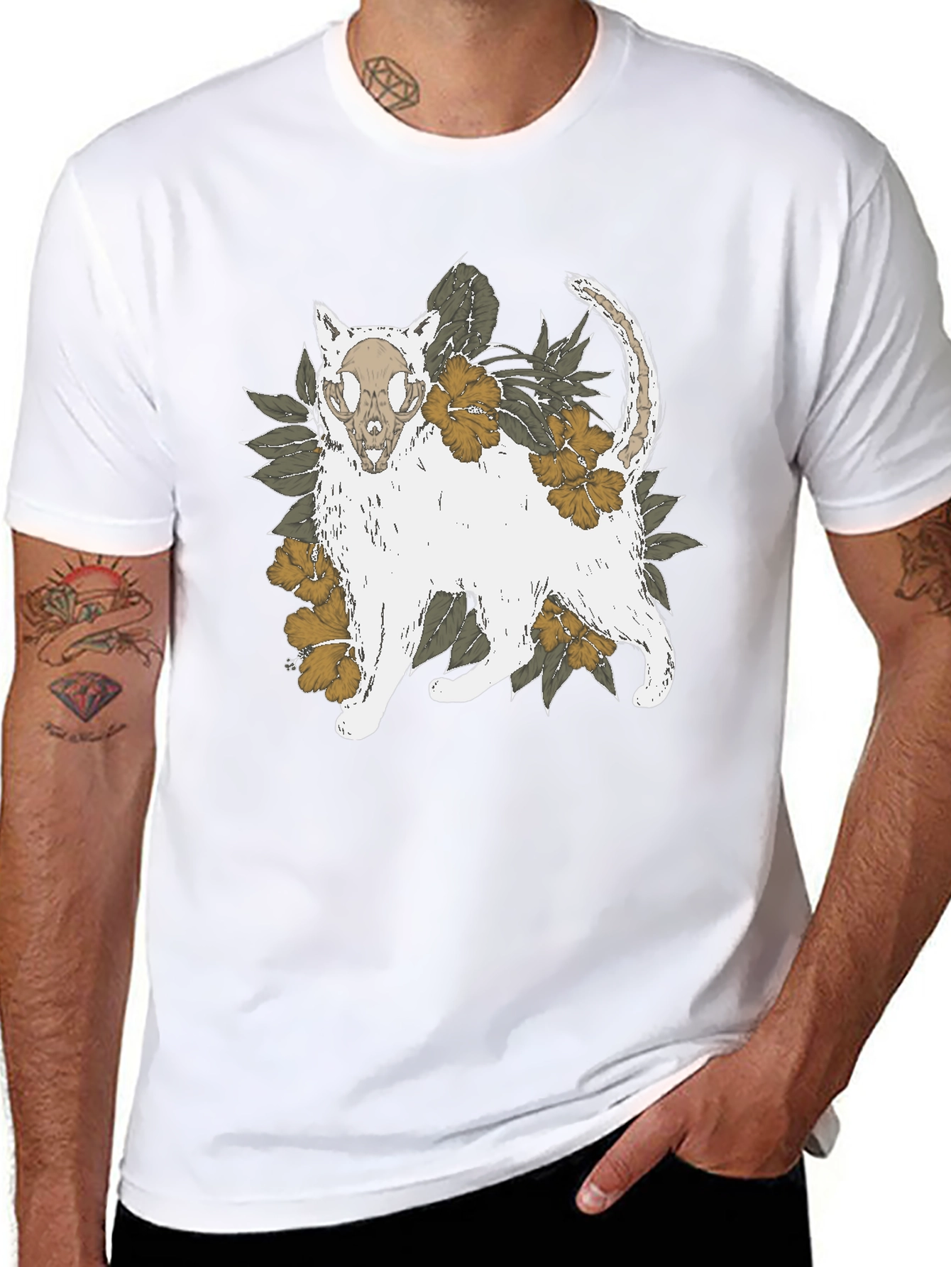 Floral Cat Skull Graphic Tee - Black T-Shirt