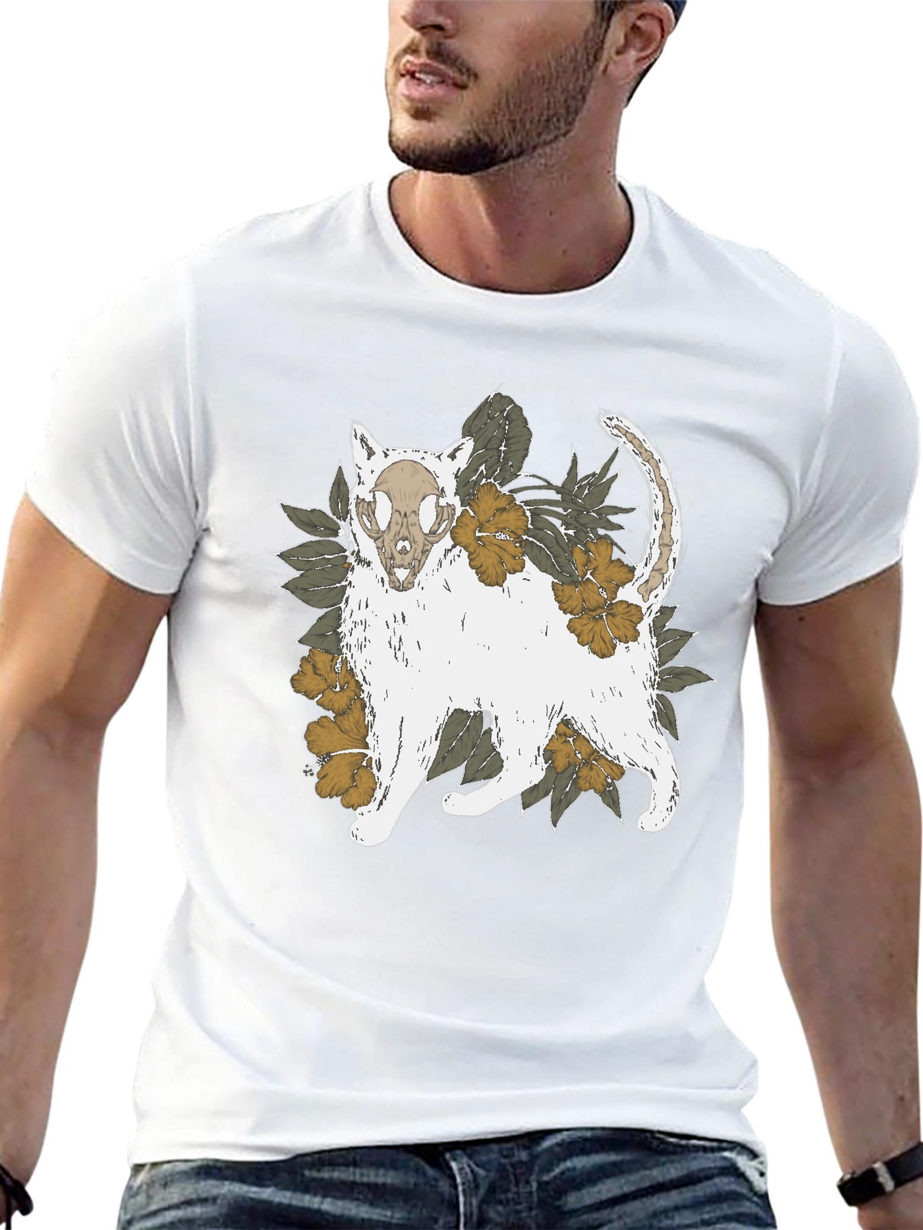 Floral Cat Skull Graphic Tee - Black T-Shirt