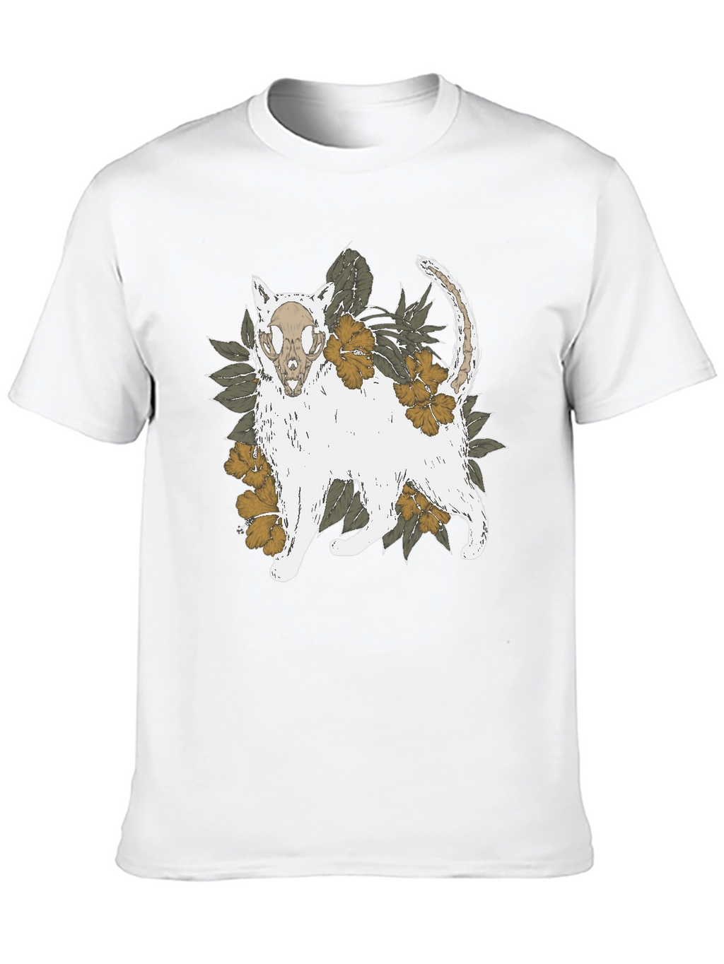 Floral Cat Skull Graphic Tee - Black T-Shirt