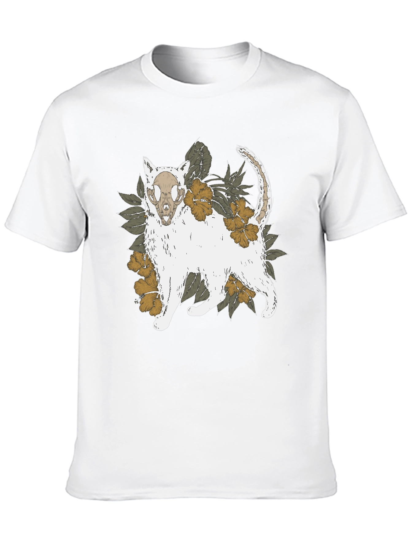 Floral Cat Skull Graphic Tee - Black T-Shirt