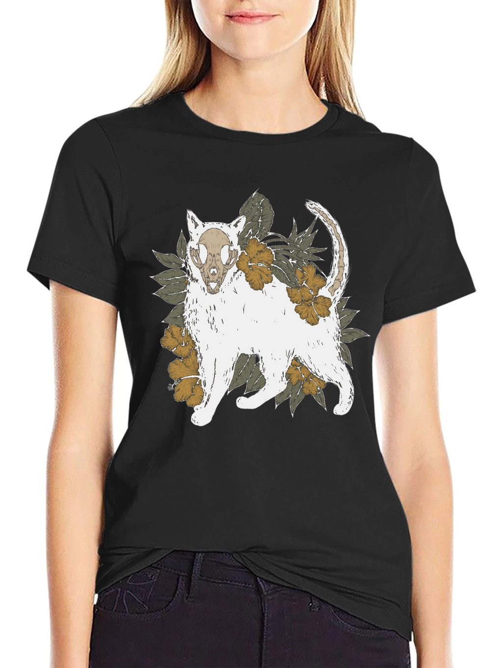 Floral Cat Skull Graphic Tee - Black T-Shirt