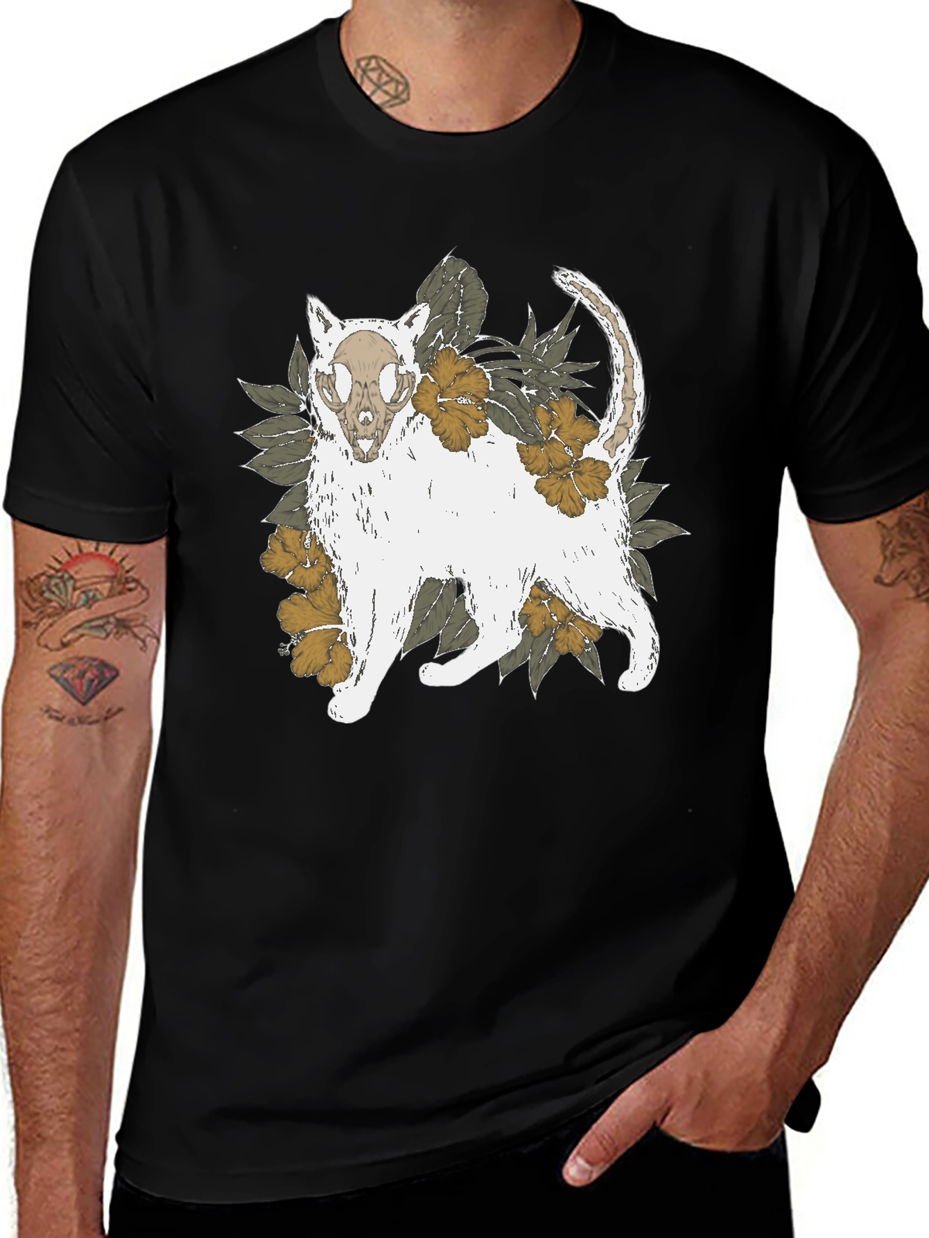 Floral Cat Skull Graphic Tee - Black T-Shirt
