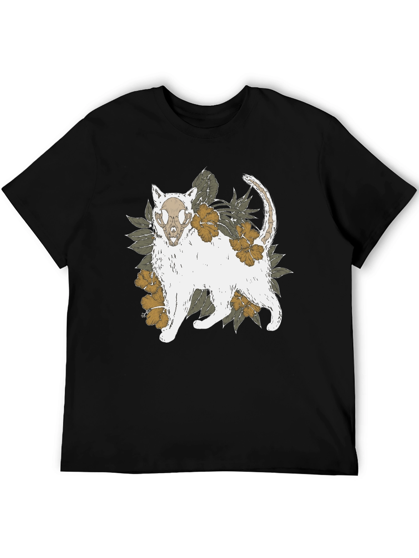 Floral Cat Skull Graphic Tee - Black T-Shirt