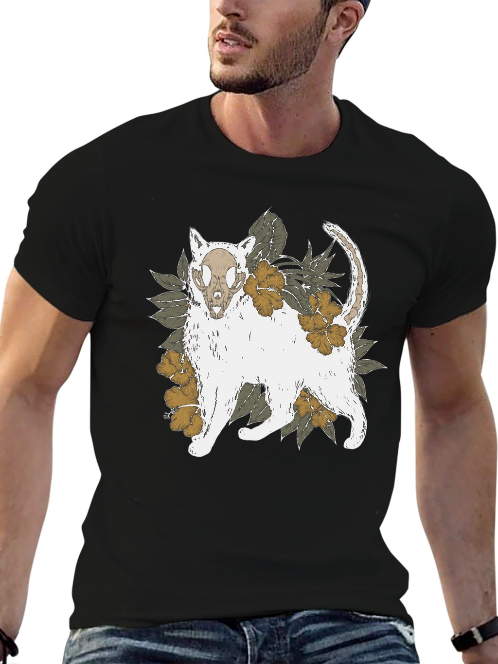 Floral Cat Skull Graphic Tee - Black T-Shirt