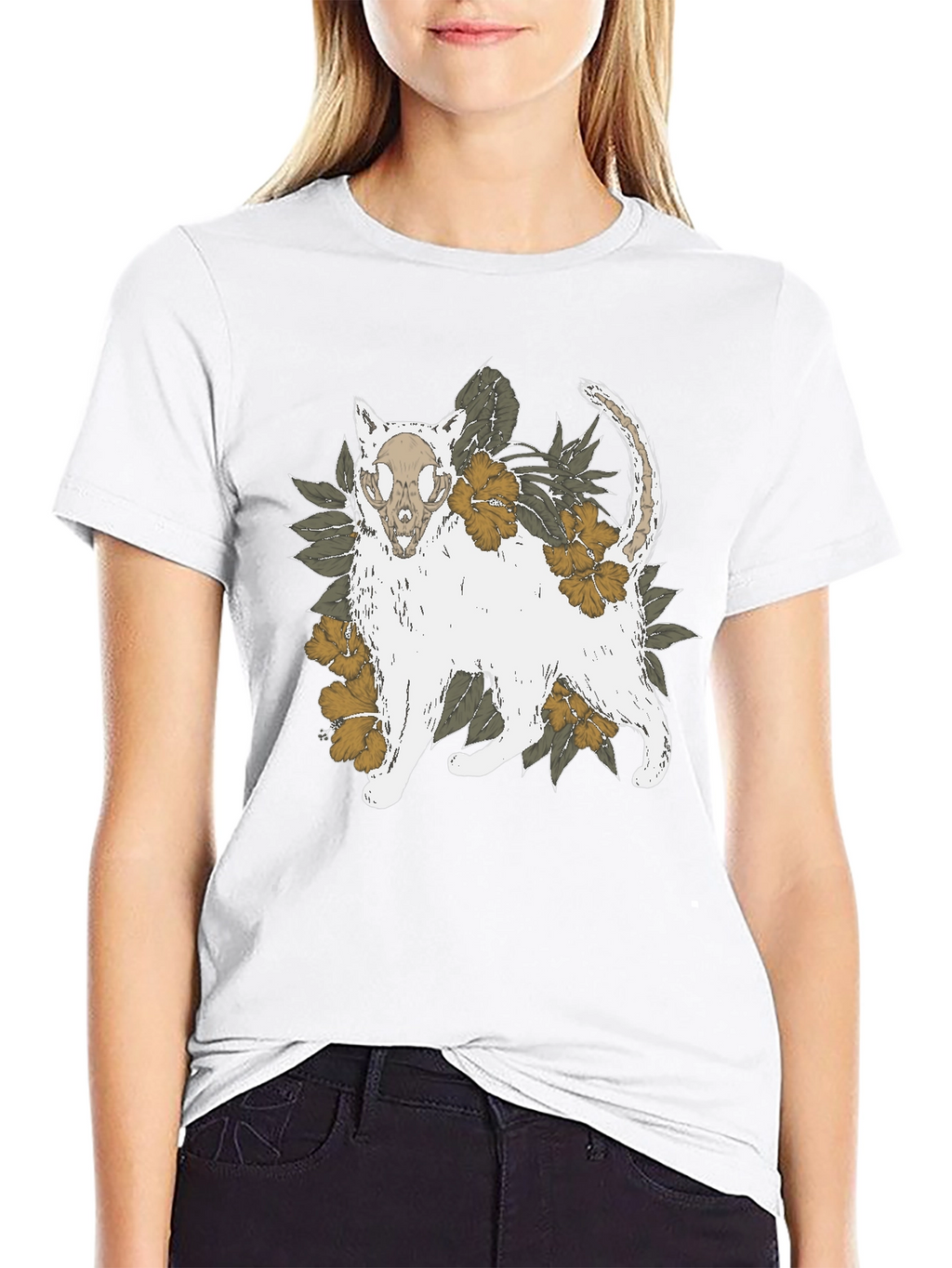 Floral Cat Skull Graphic Tee - Black T-Shirt