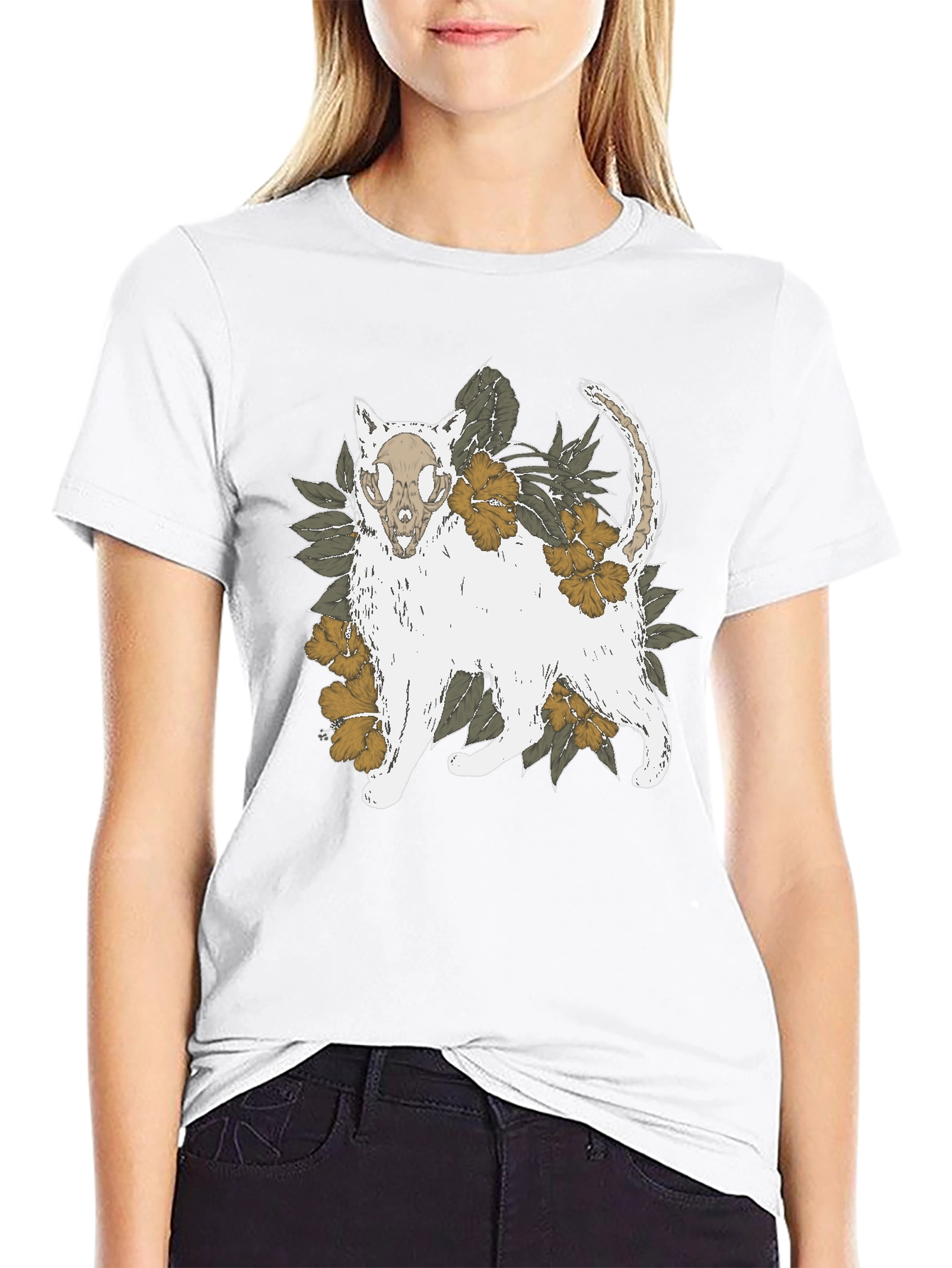 Floral Cat Skull Graphic Tee - Black T-Shirt