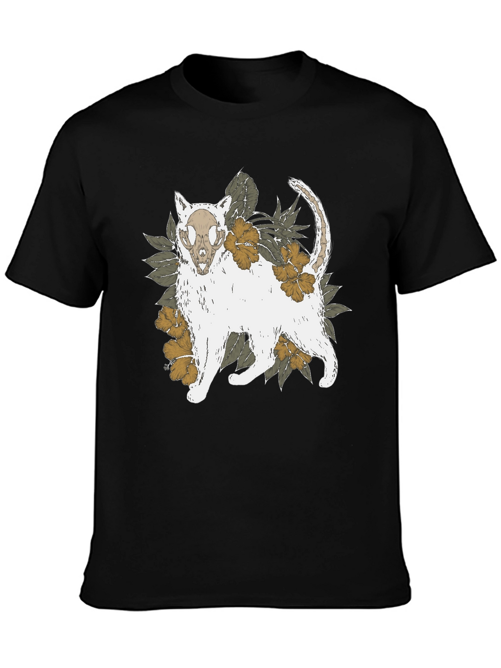 Floral Cat Skull Graphic Tee - Black T-Shirt