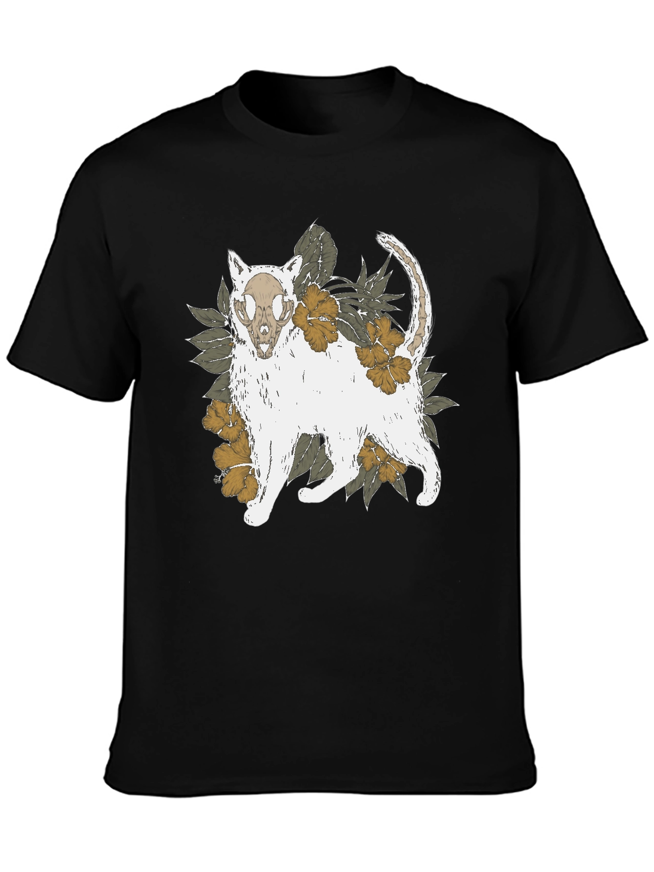 Floral Cat Skull Graphic Tee - Black T-Shirt