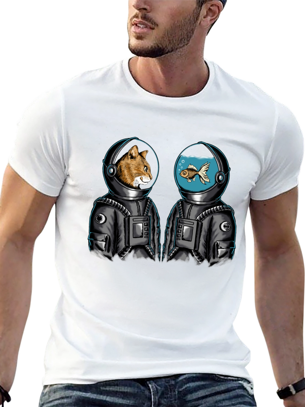 Cosmic Companions T-Shirt - Cat and Fish Astronauts