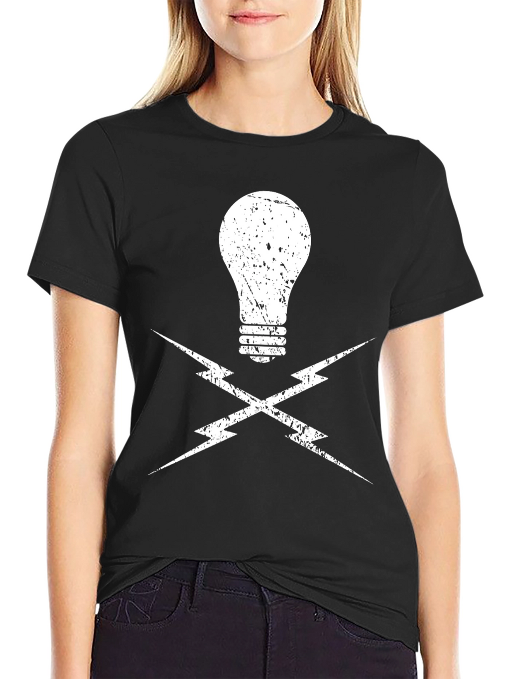 Electrician Light Bulb and Lightning Bolt Black T-Shirt
