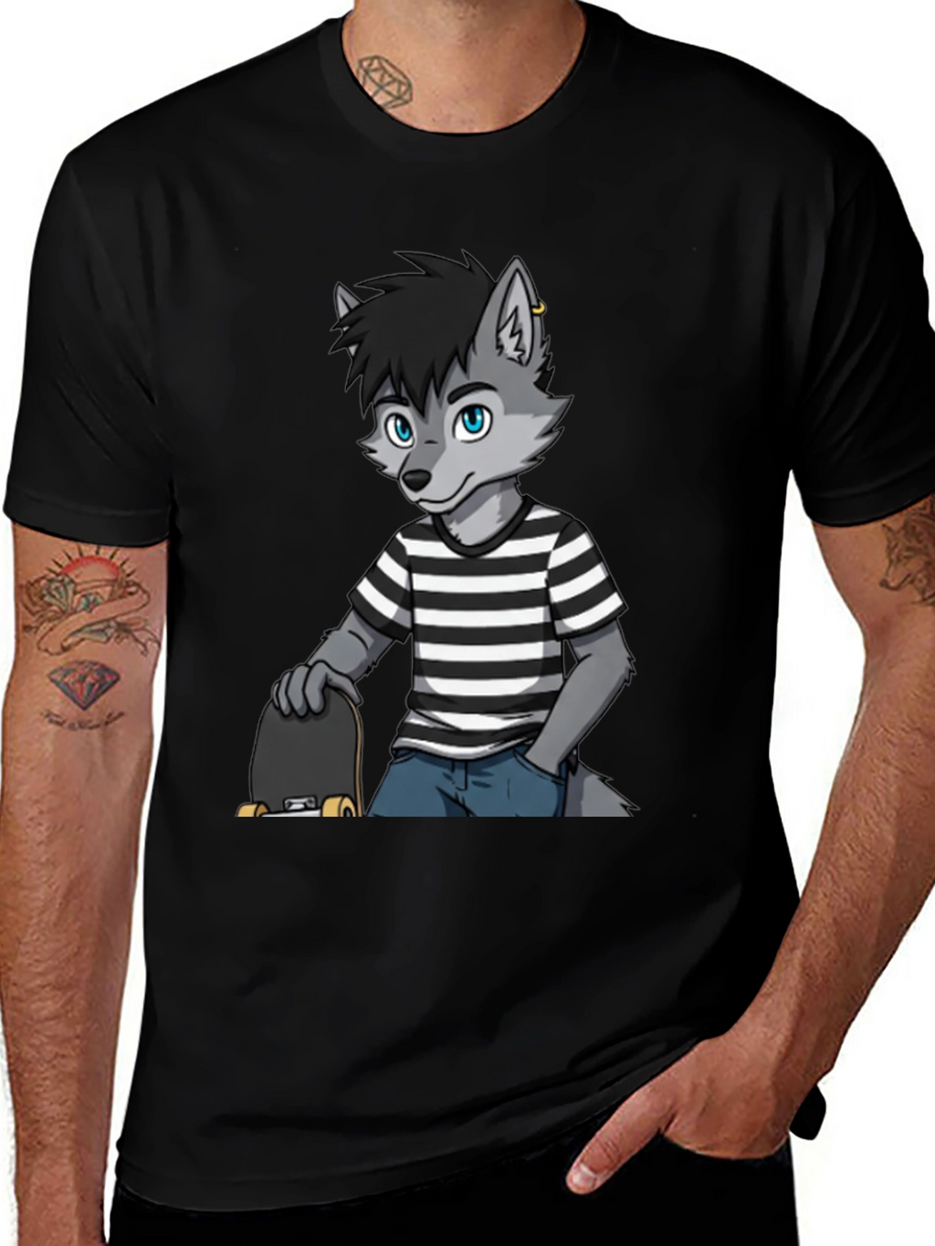 Cool Wolf Skater Graphic Tee - Black Cotton T-Shirt
