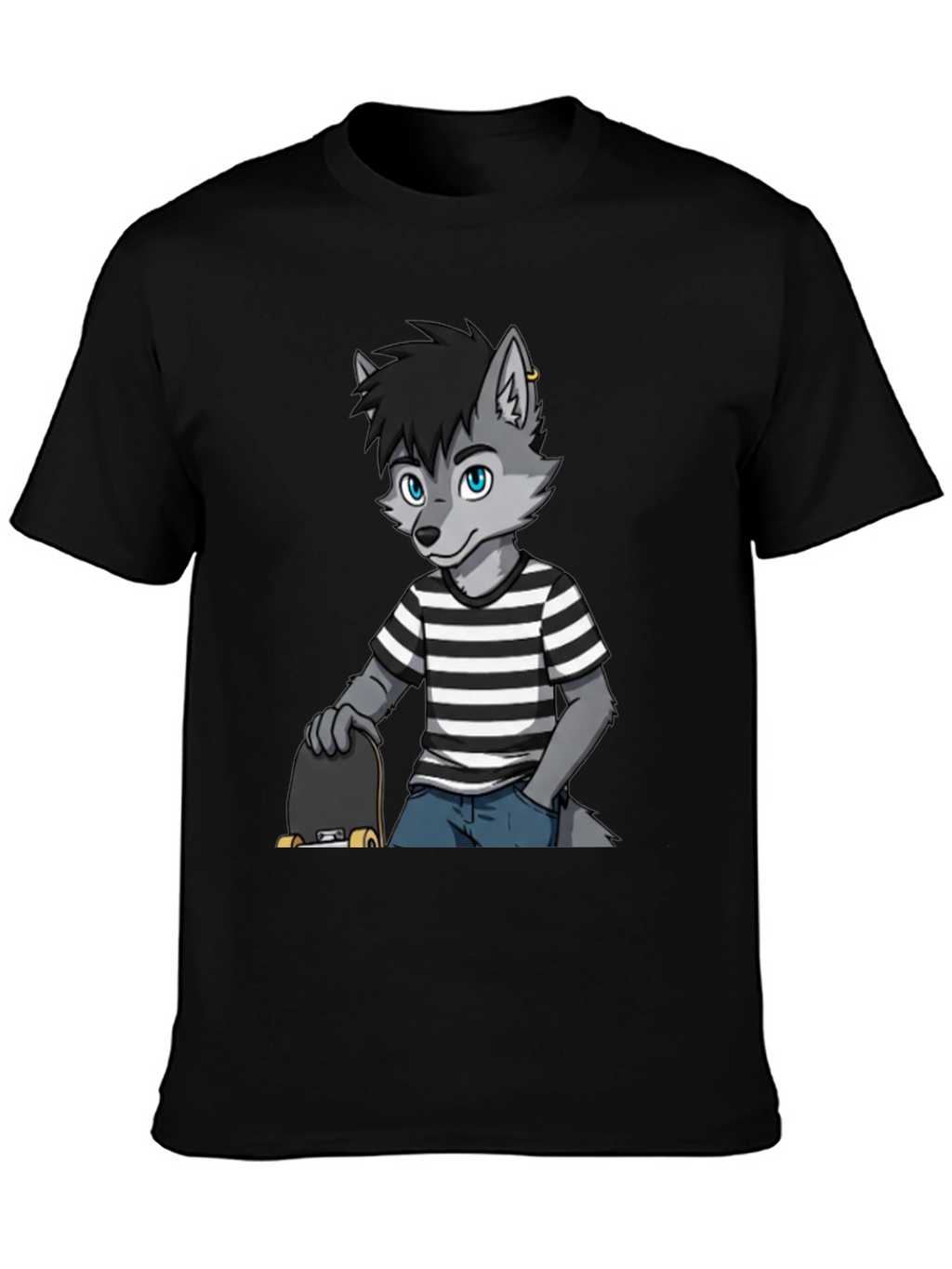 Cool Wolf Skater Graphic Tee - Black Cotton T-Shirt