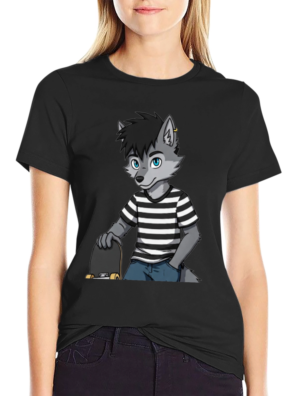 Cool Wolf Skater Graphic Tee - Black Cotton T-Shirt