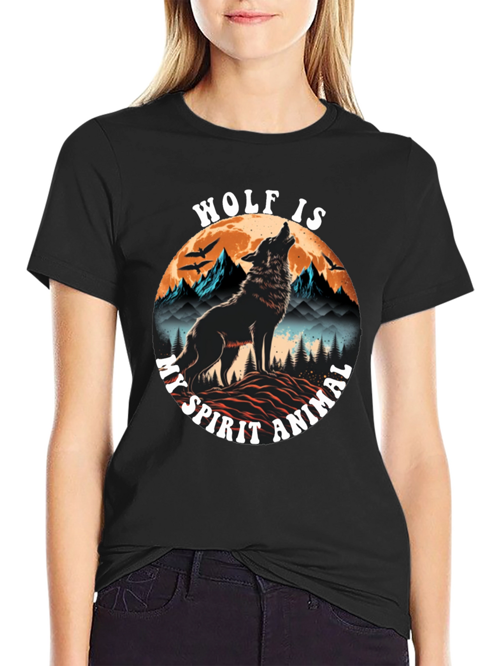 Wolf Spirit Animal Graphic Tee - Black Cotton Blend