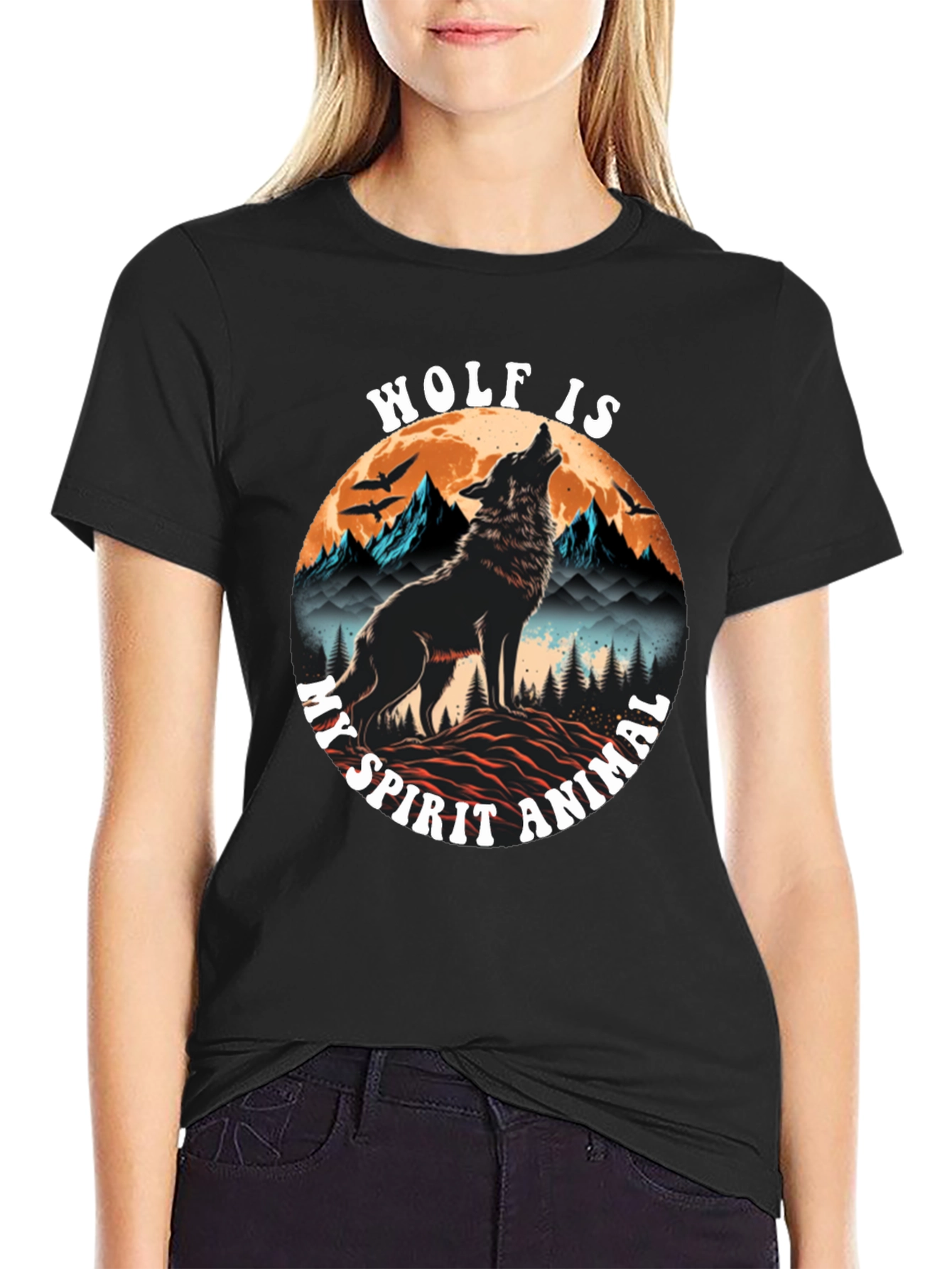 Wolf Spirit Animal Graphic Tee - Black Cotton Blend