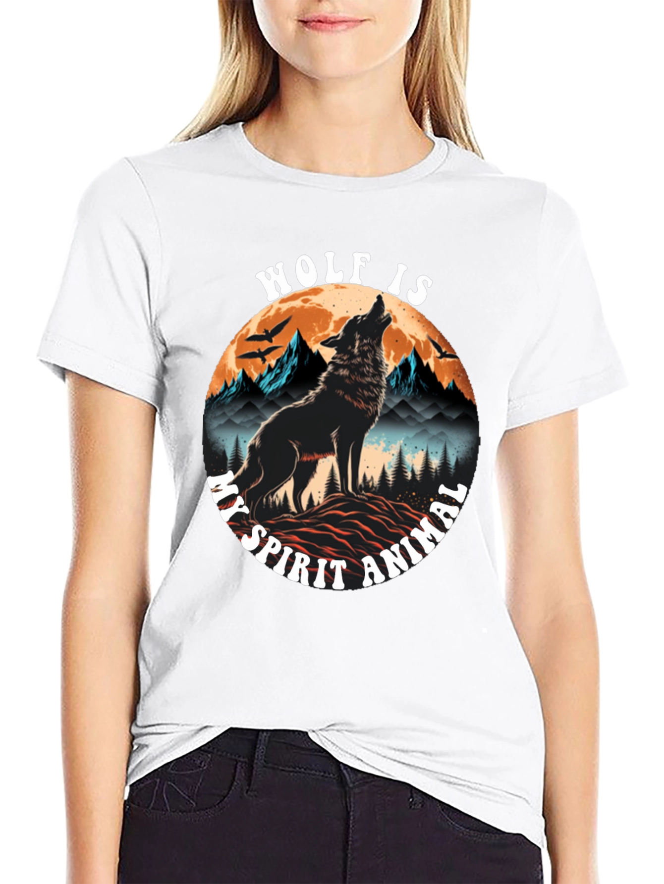 Wolf Spirit Animal Graphic Tee - Black Cotton Blend