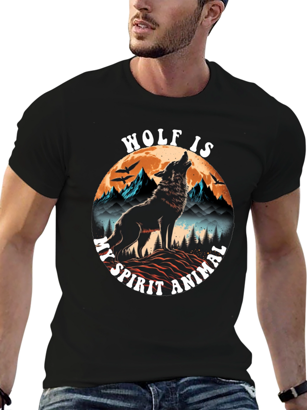 Wolf Spirit Animal Graphic Tee - Black Cotton Blend